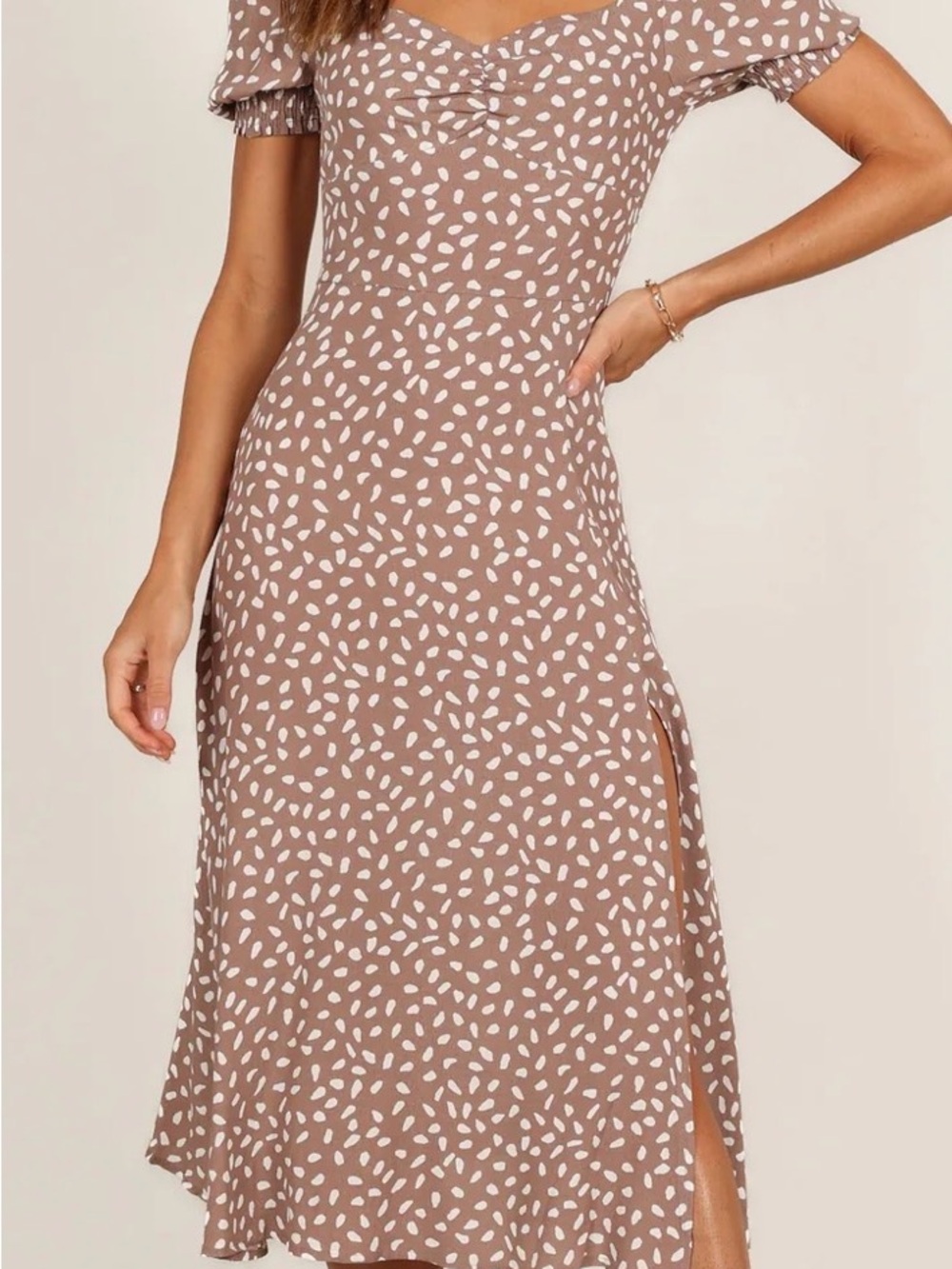 Petal & Pup Taupe Midi Dress with White Spot Print